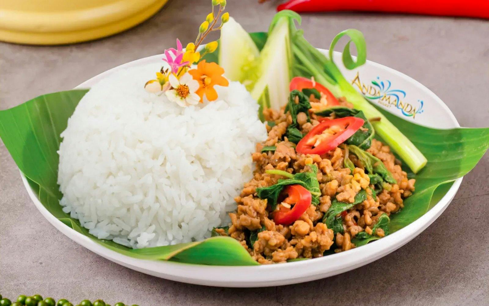 Thai basil chicken with rice served at Andamanda Phuket Water Park.