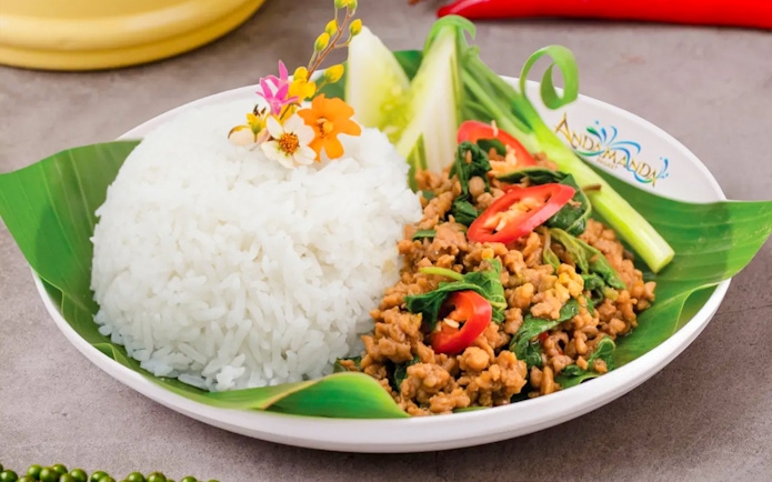 Thai basil chicken with rice served at Andamanda Phuket Water Park.