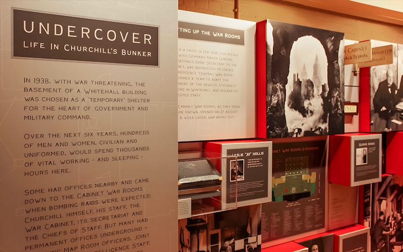Westminster tour display of Churchill's War Rooms history and artifacts.