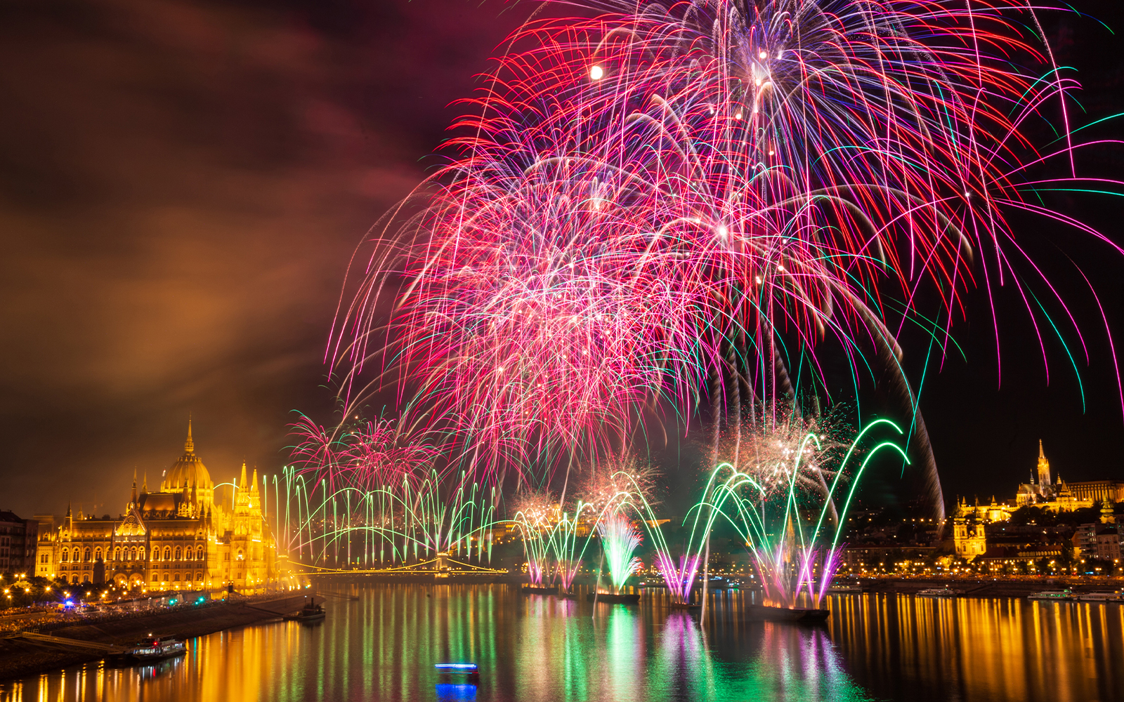 Firework over Danube river in Budapest, Hungary for National Day