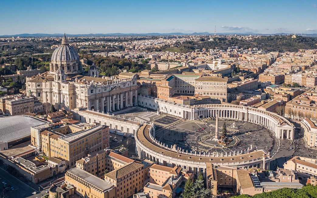 Aerial view of Saint Peter's Square and St. Peter's Basilica in Vatican City.