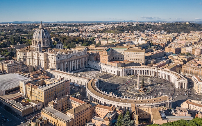 Aerial view of Saint Peter's Square and St. Peter's Basilica in Vatican City.