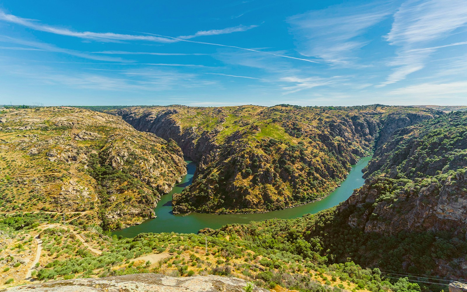 Douro River winding through the valley in Douro International Natural Park, Portugal.