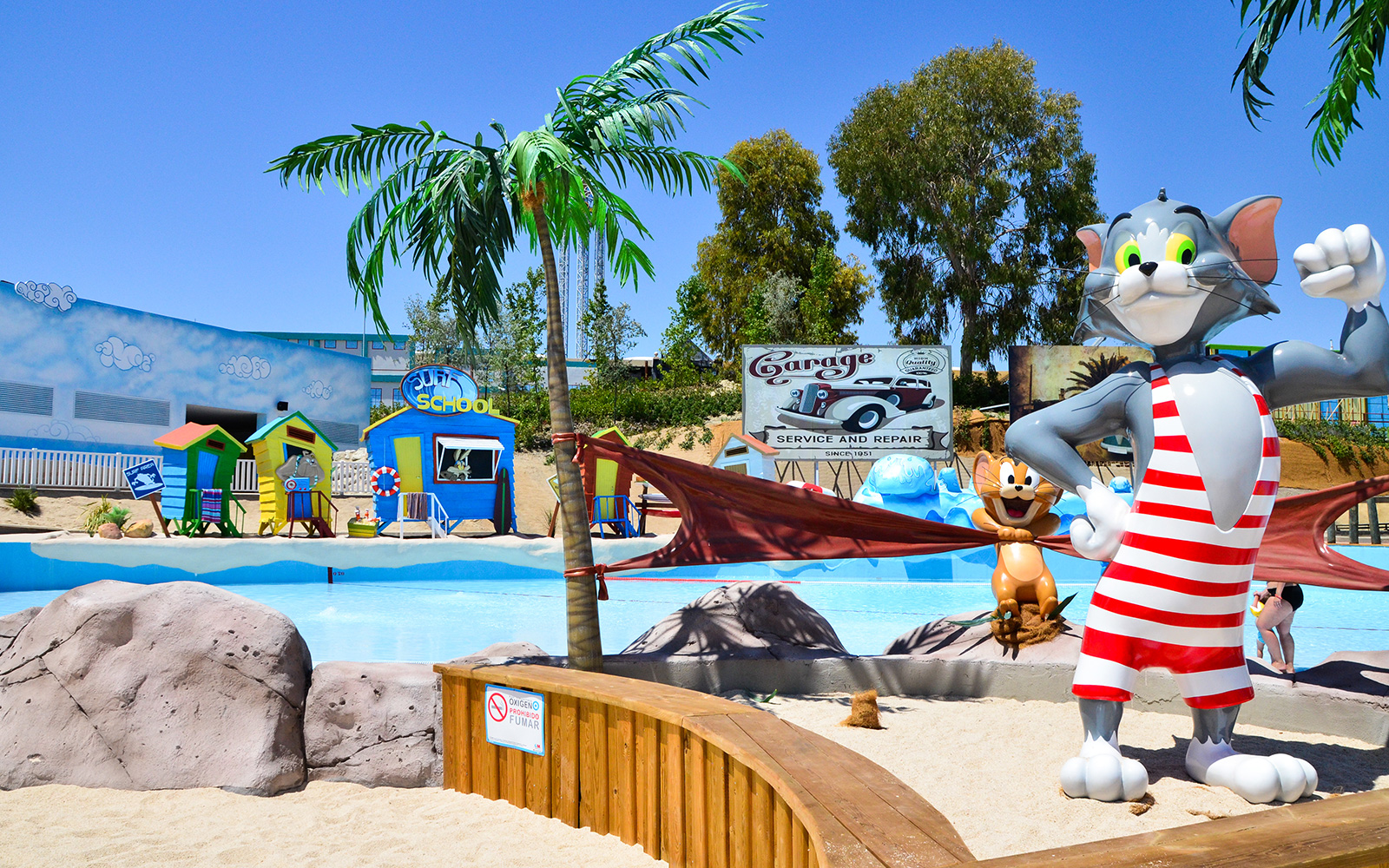 Parque Warner Beach water park with colorful slides and wave pool in Madrid, Spain.