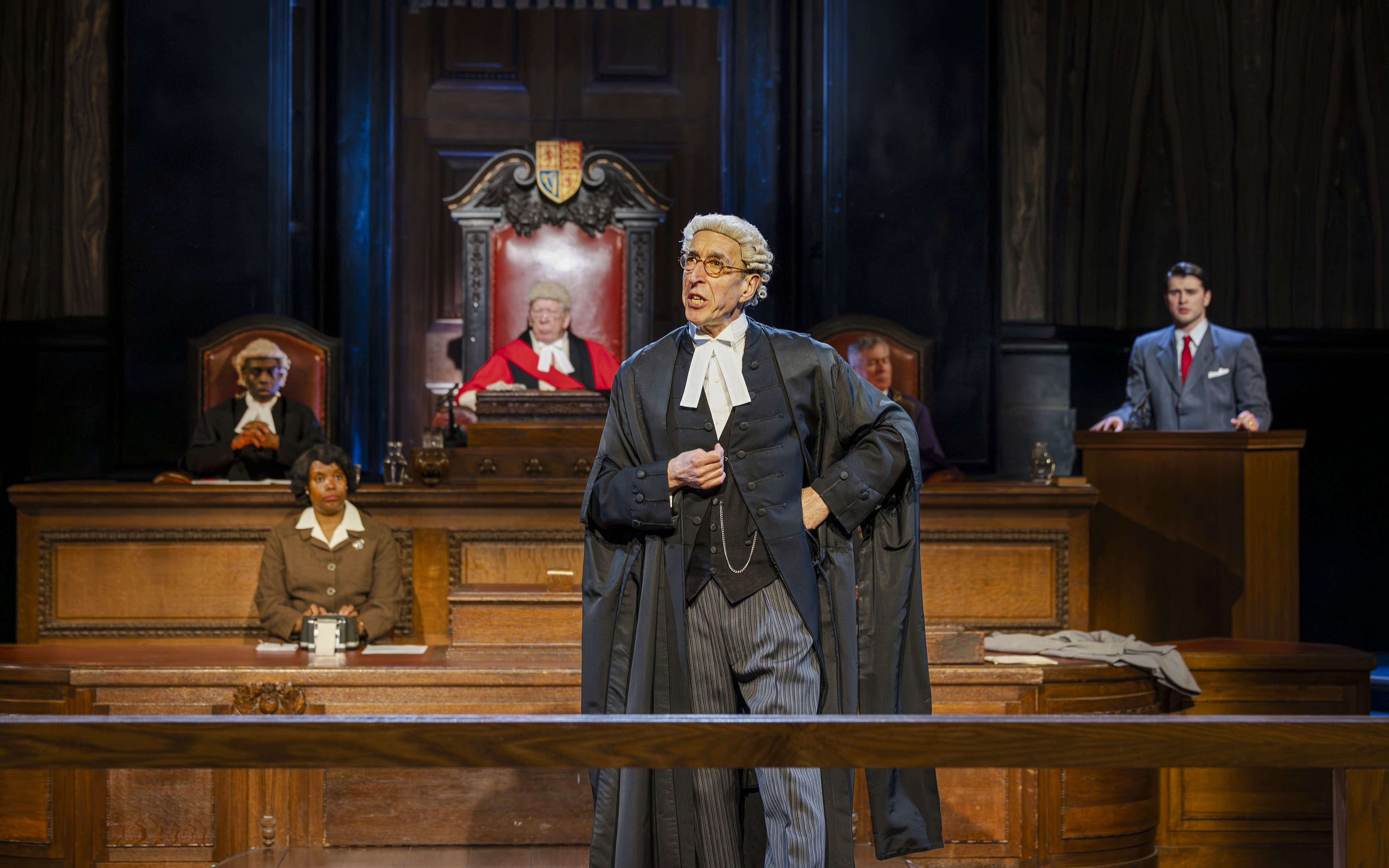 Cast of "Witness for the Prosecution" in courtroom scene, West End show.