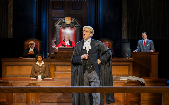 Cast of "Witness for the Prosecution" in courtroom scene, West End show.