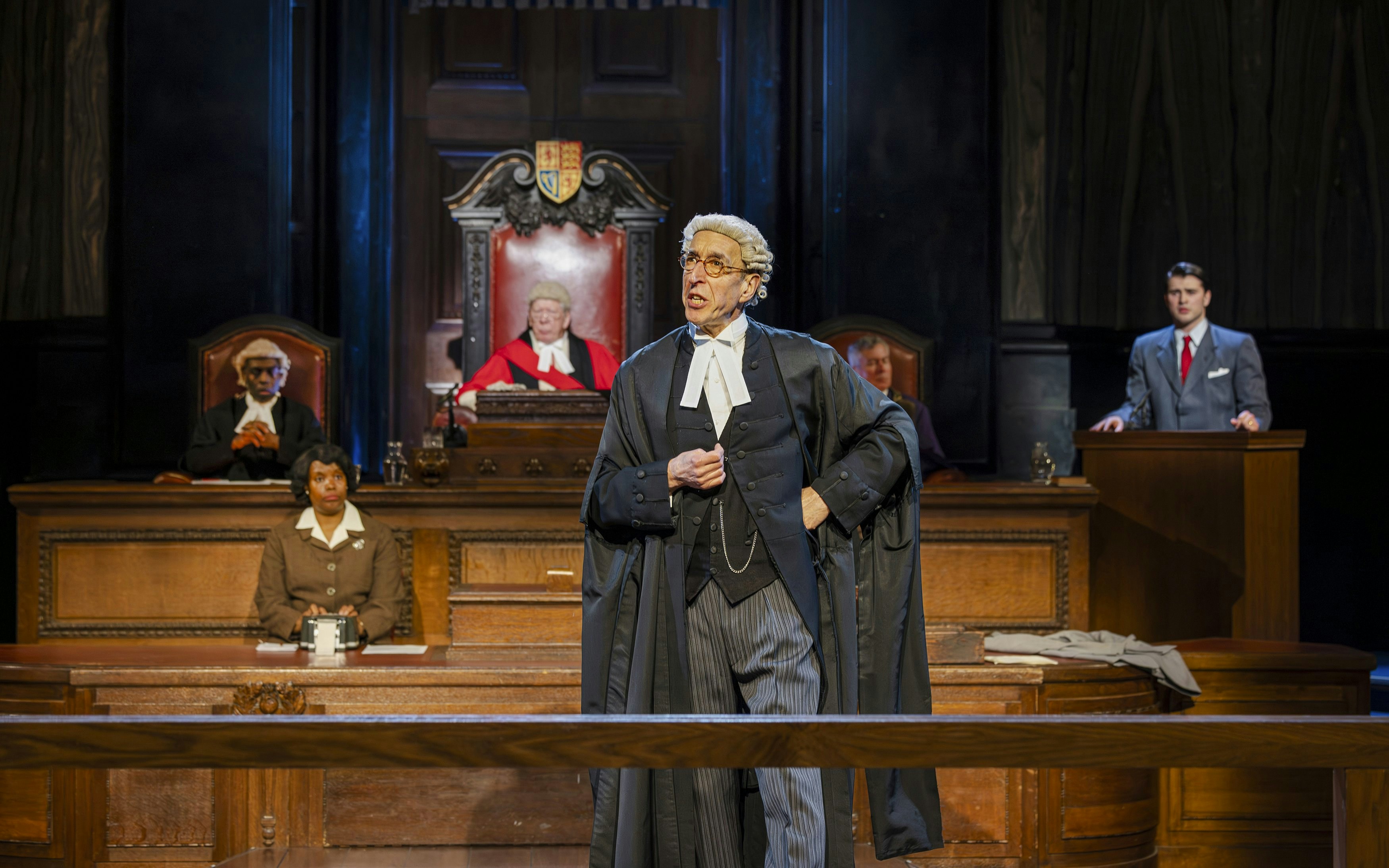 Cast of "Witness for the Prosecution" in courtroom scene, West End show.