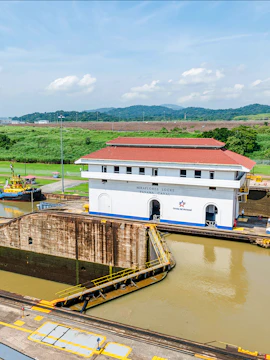 Miraflores Locks at Panama Canal with surrounding landscape, Panama City.