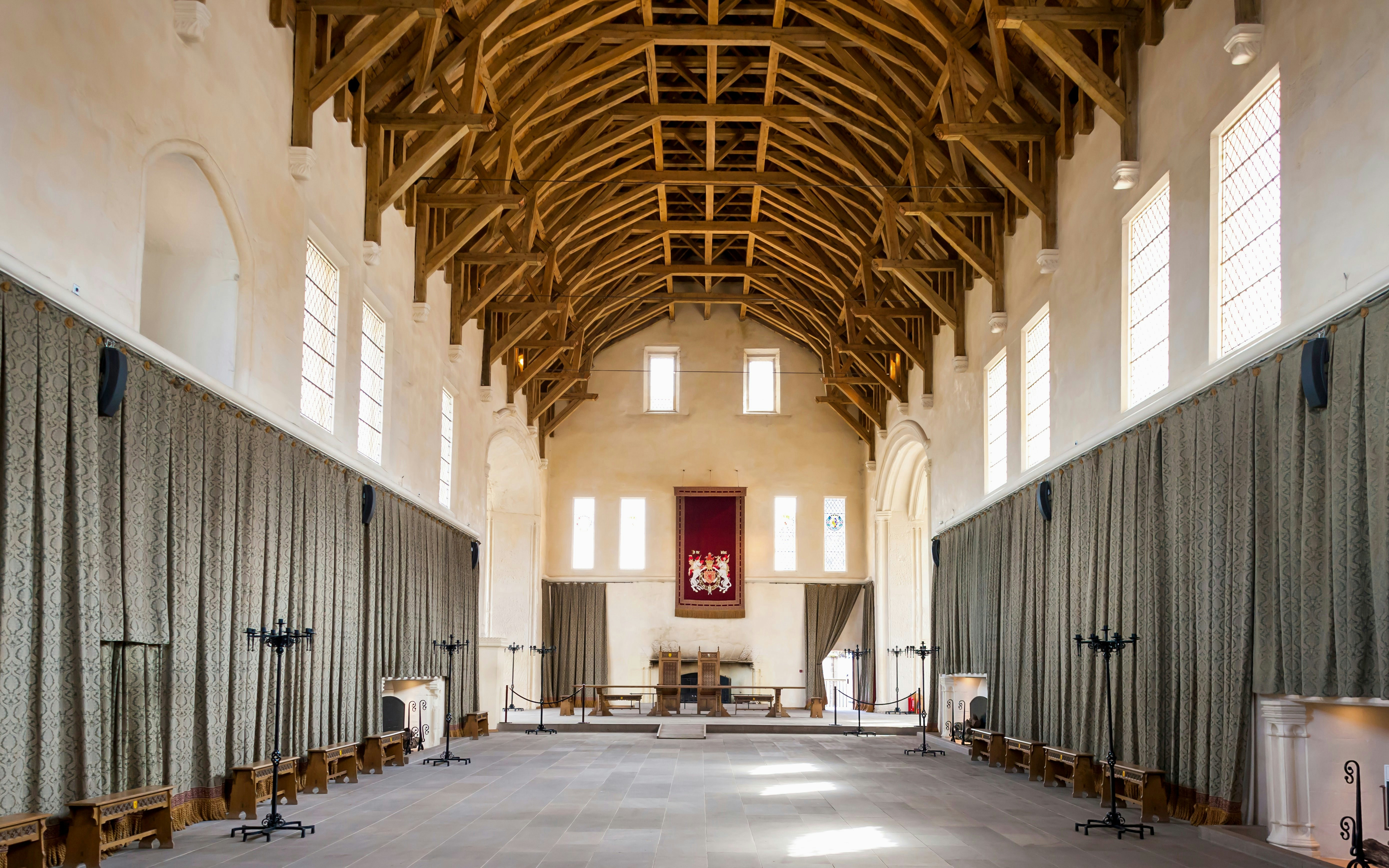 Great Hall interior with wooden ceiling beams, Stirling Castle, Scotland.