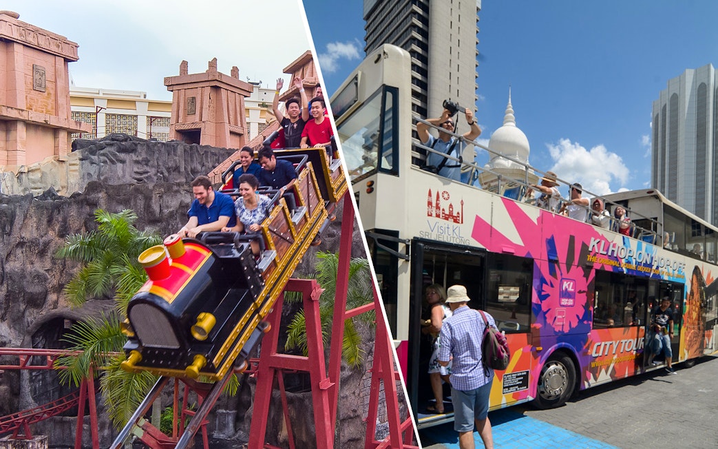 Sunway Lagoon roller coaster and Kuala Lumpur sightseeing bus with tourists.