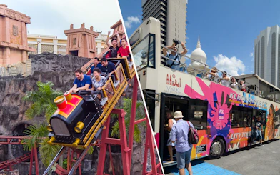 Sunway Lagoon roller coaster and Kuala Lumpur sightseeing bus with tourists.