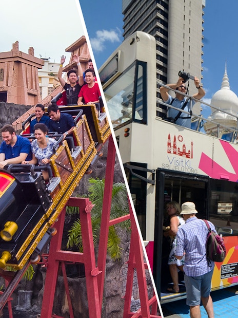 Sunway Lagoon roller coaster and Kuala Lumpur sightseeing bus with tourists.