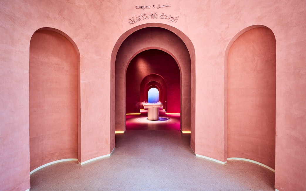 Futuristic pink archway interior at Museum of The Future, Dubai.