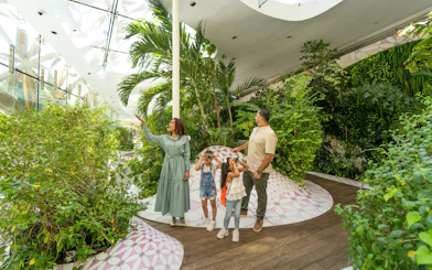 Family exploring lush greenery inside Al Noor Island Butterfly House, Sharjah.