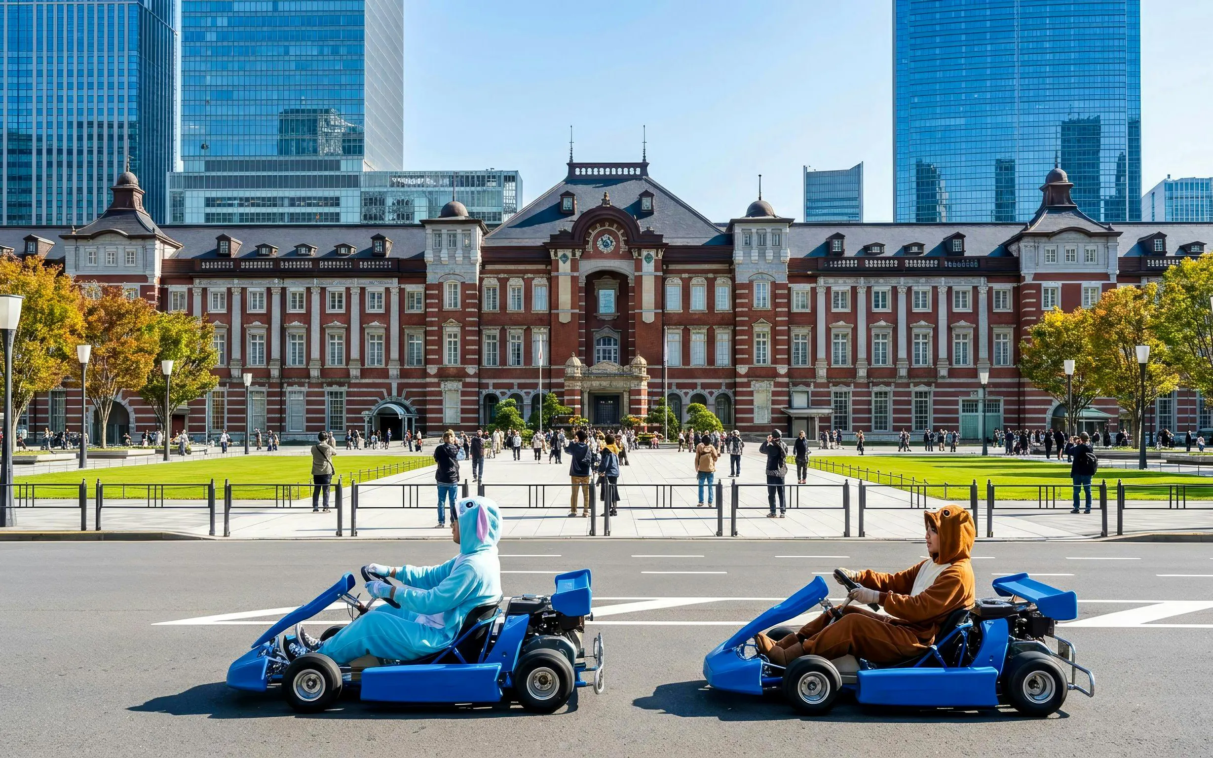 Tourists go-karting in costumes in front of Tokyo Station.