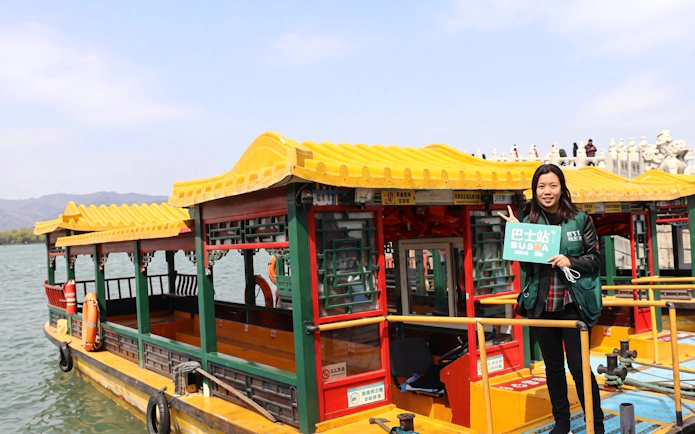 Ornate painted ferry boat docked on Kunming Lake at the Summer Palace, Beijing, China.