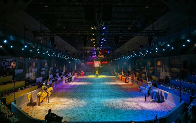 Knights on horseback in a jousting arena at Medieval Times Dinner & Tournament Orlando.