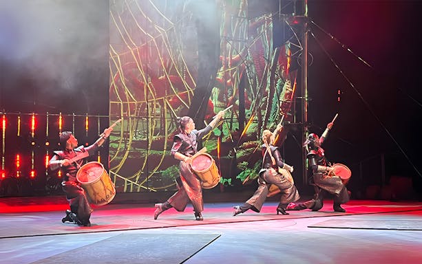 Performers with drums at Pluma Show Circus in Dubai by Cirque Du Liban.