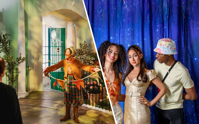 Performer in colorful attire at an indoor event; group posing against a starry backdrop.