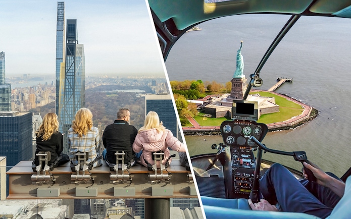 Visitors at Top of the Rock with NYC skyline and helicopter view of Statue of Liberty.