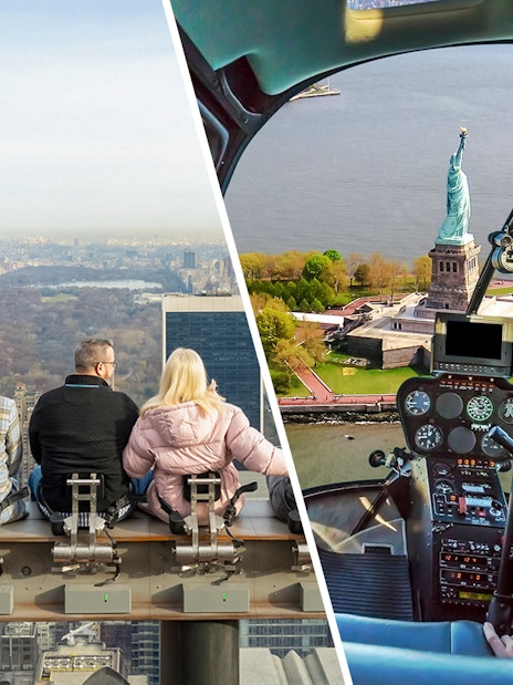 Visitors at Top of the Rock with NYC skyline and helicopter view of Statue of Liberty.