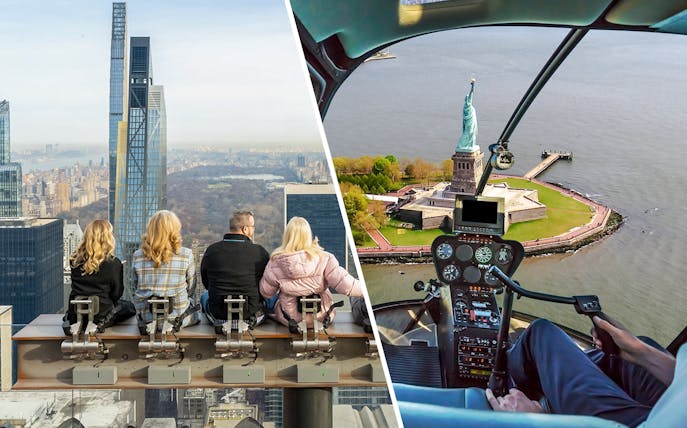 Visitors at Top of the Rock with NYC skyline and helicopter view of Statue of Liberty.