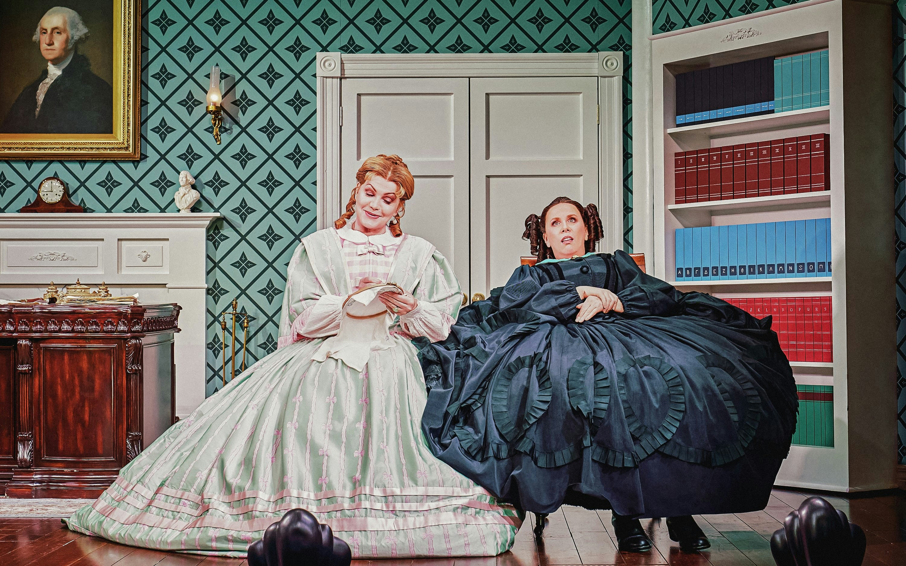 Stage scene from Oh, Mary Westend show with two actors in period costumes.