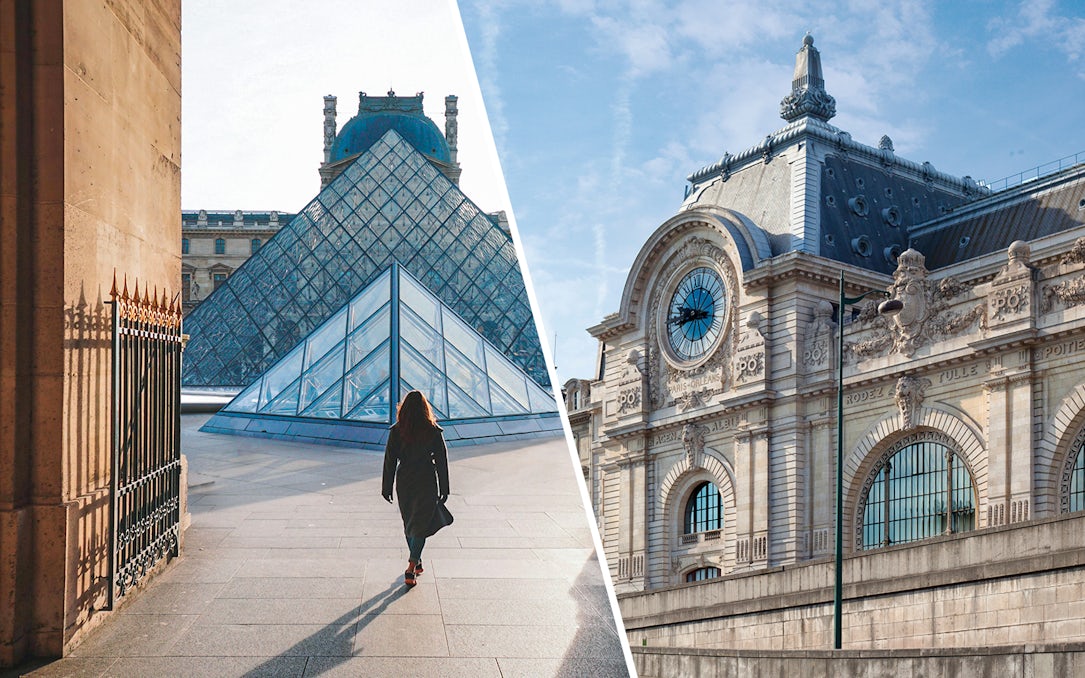 Louvre Pyramid and Orsay Museum facade in Paris, France.