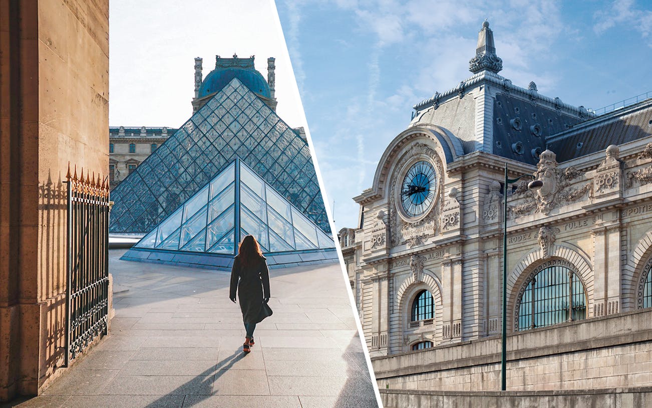 Louvre Pyramid and Orsay Museum facade in Paris, France.