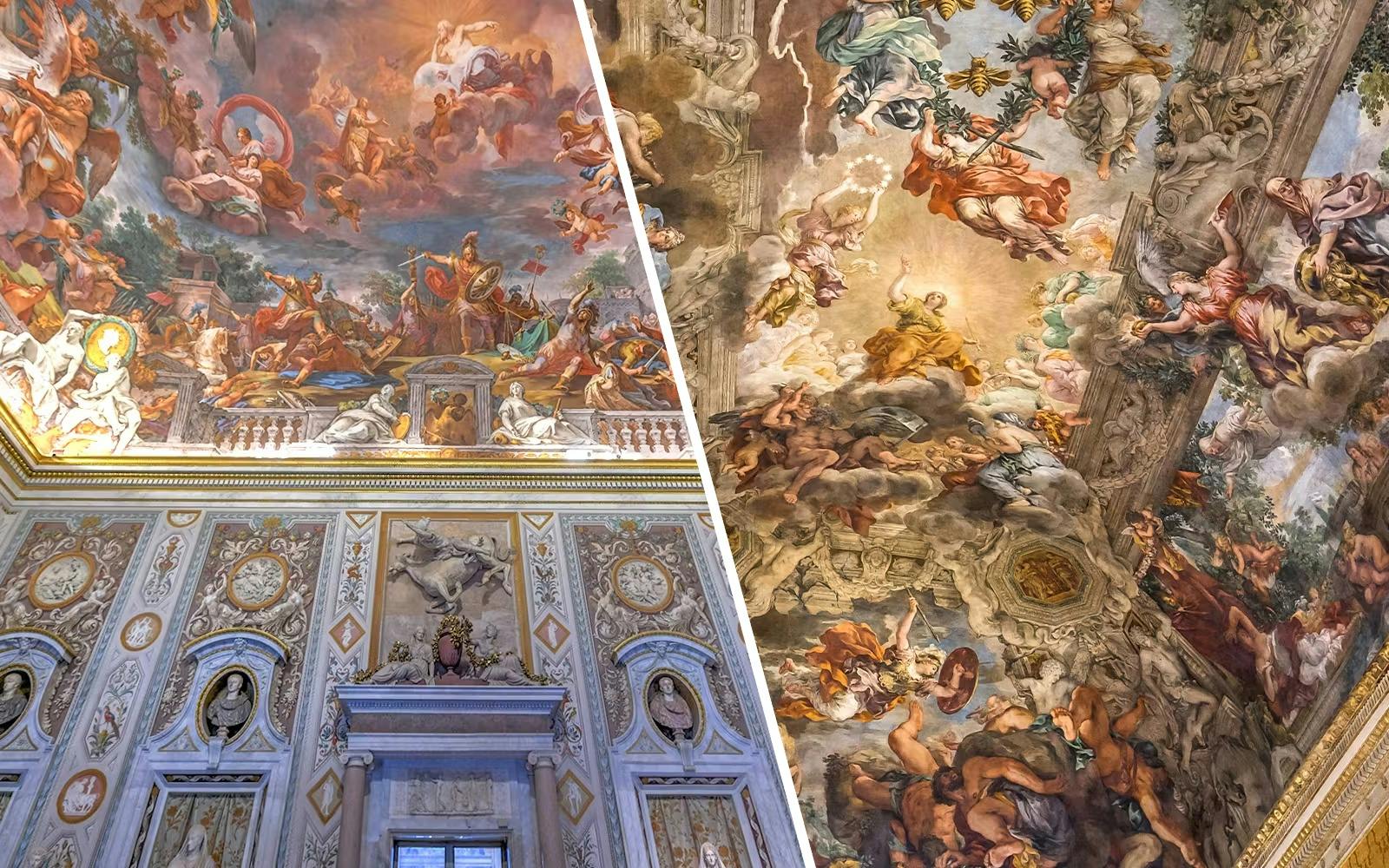 Borghese Gallery ceiling frescoes depicting mythological scenes in Rome, Italy.