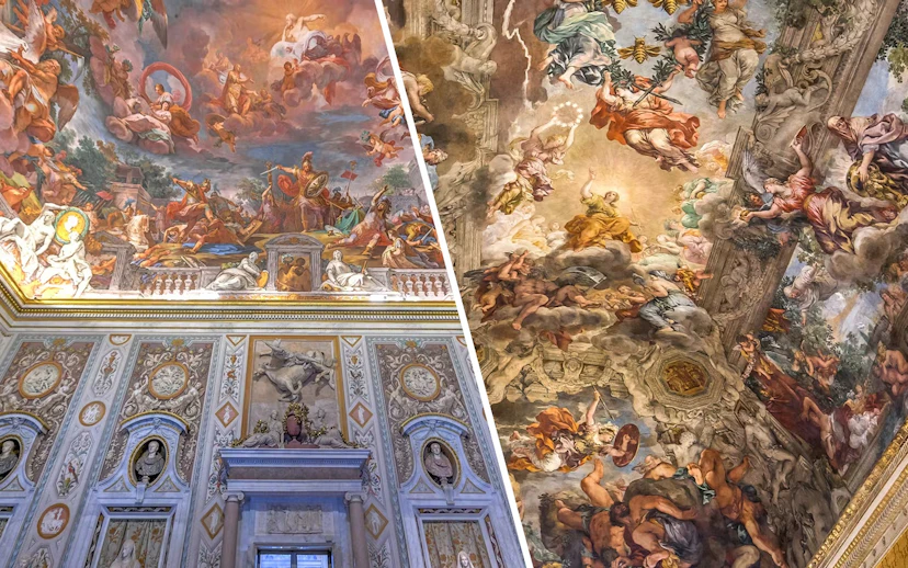 Borghese Gallery ceiling frescoes depicting mythological scenes in Rome, Italy.