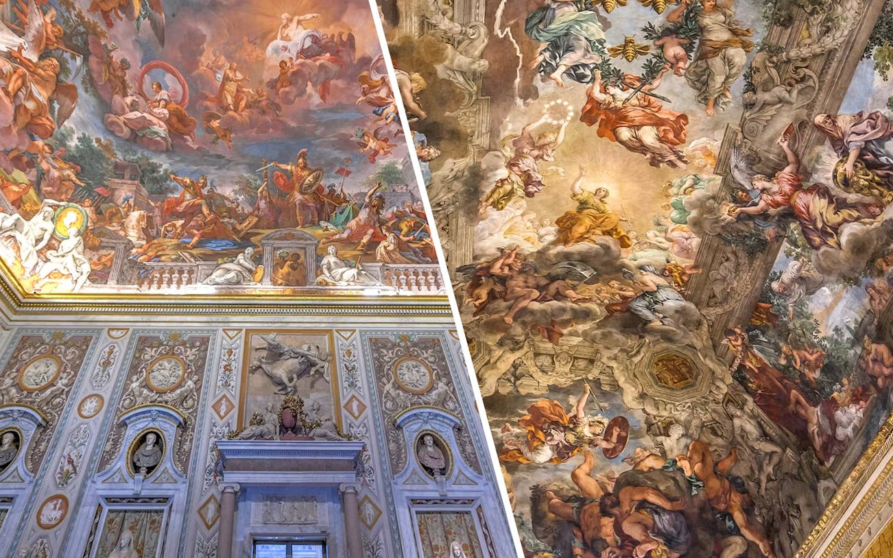 Borghese Gallery ceiling frescoes depicting mythological scenes in Rome, Italy.