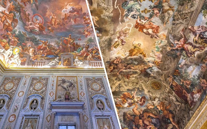 Borghese Gallery ceiling frescoes depicting mythological scenes in Rome, Italy.