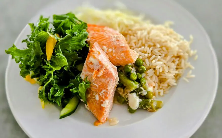 Salmon with rice, peas, and salad served on Icebreaker Cruise & Ice Floating Experience.
