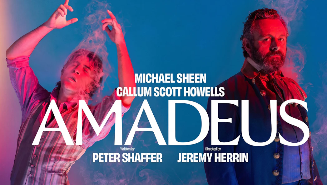 Amadeus play poster featuring actors with smoke effects, Westend production.