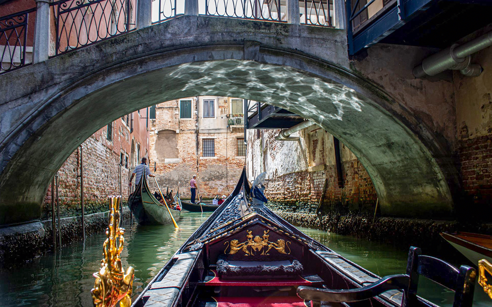 Gondola ride under a bridge in Venice, Italy, part of the Venice City Pass attractions.
