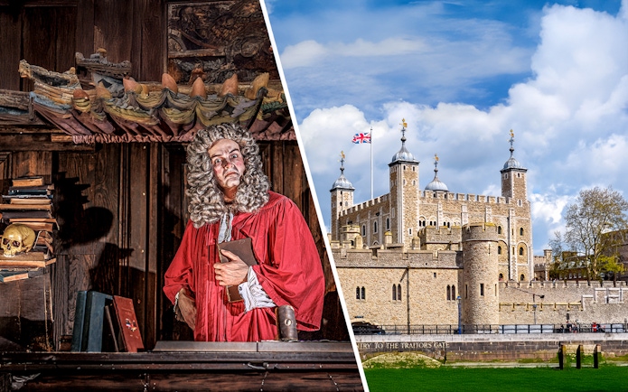 London Dungeon actor in period costume with props; Tower of London exterior with Union Jack flag.