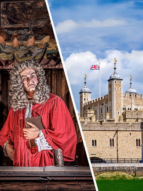 London Dungeon actor in period costume with props; Tower of London exterior with Union Jack flag.