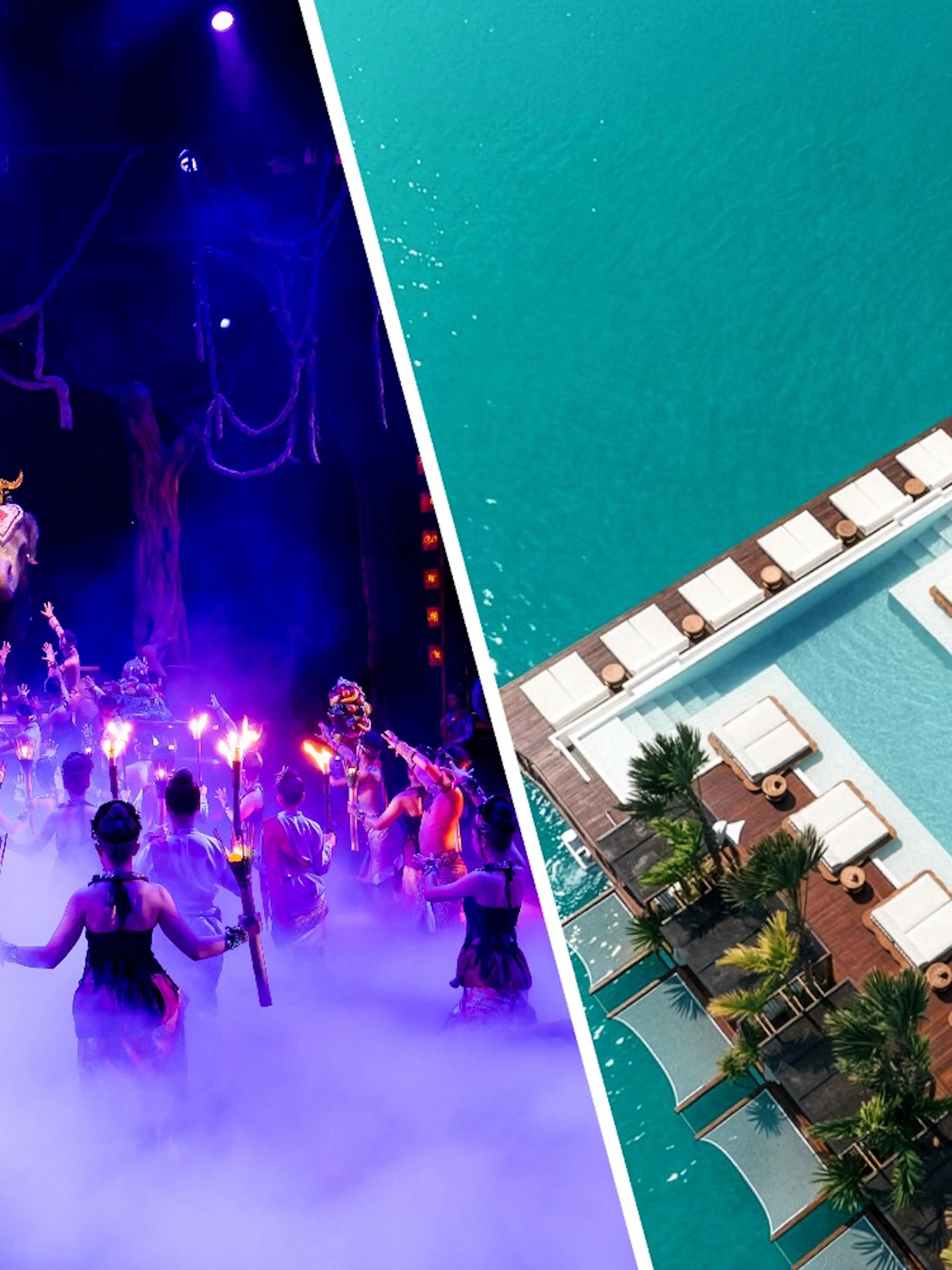 Dancers performing at Phuket Fantasea show; aerial view of Yona Beach Club, Phuket.
