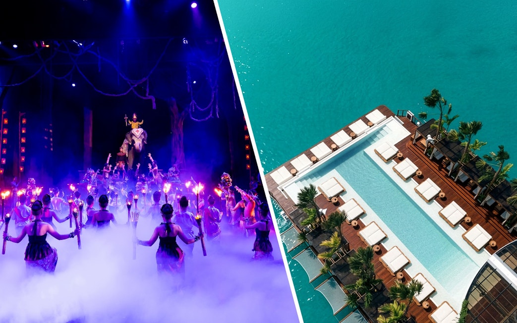 Dancers performing at Phuket Fantasea show; aerial view of Yona Beach Club, Phuket.