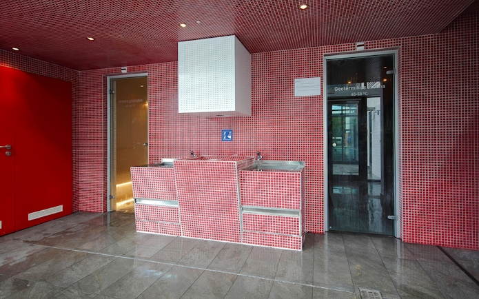 Red-tiled interior of Paskal Thermal Bath in Budapest with sinks and sauna doors.