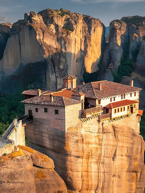 Holy Monastery of the Great Meteoron perched on a rock formation in Meteora, Greece.