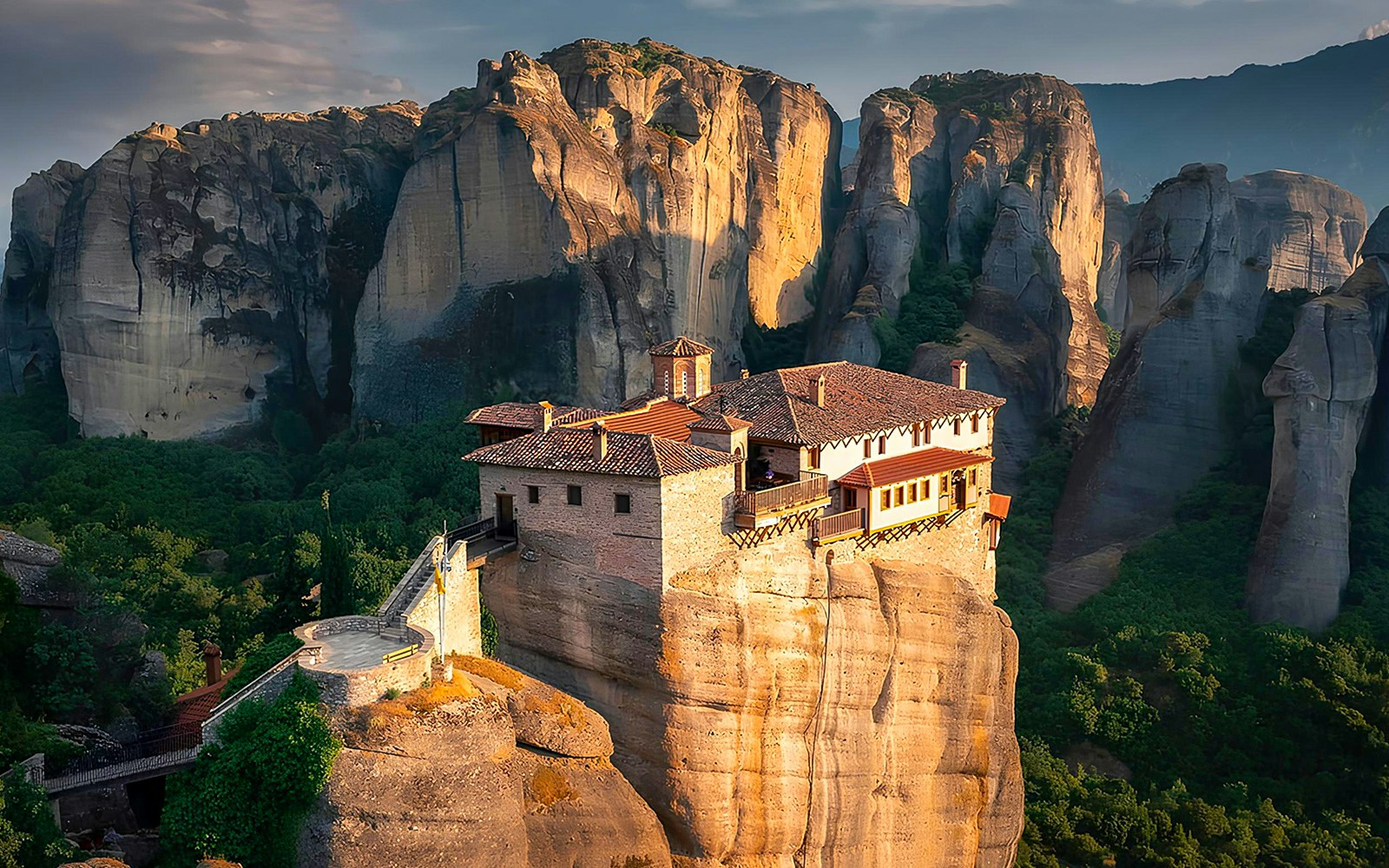 Holy Monastery of the Great Meteoron perched on a rock formation in Meteora, Greece.
