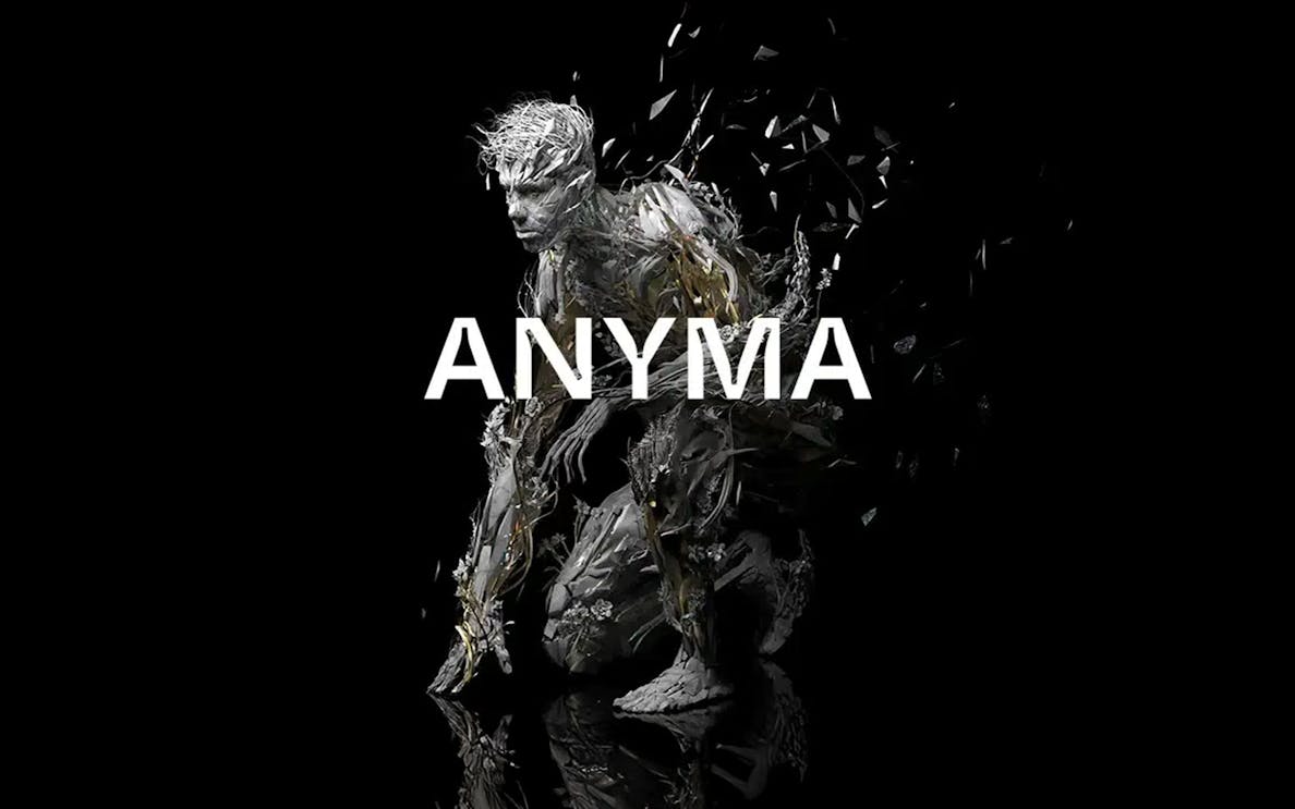 ANYMA digital art installation in Ibiza with abstract humanoid figure.