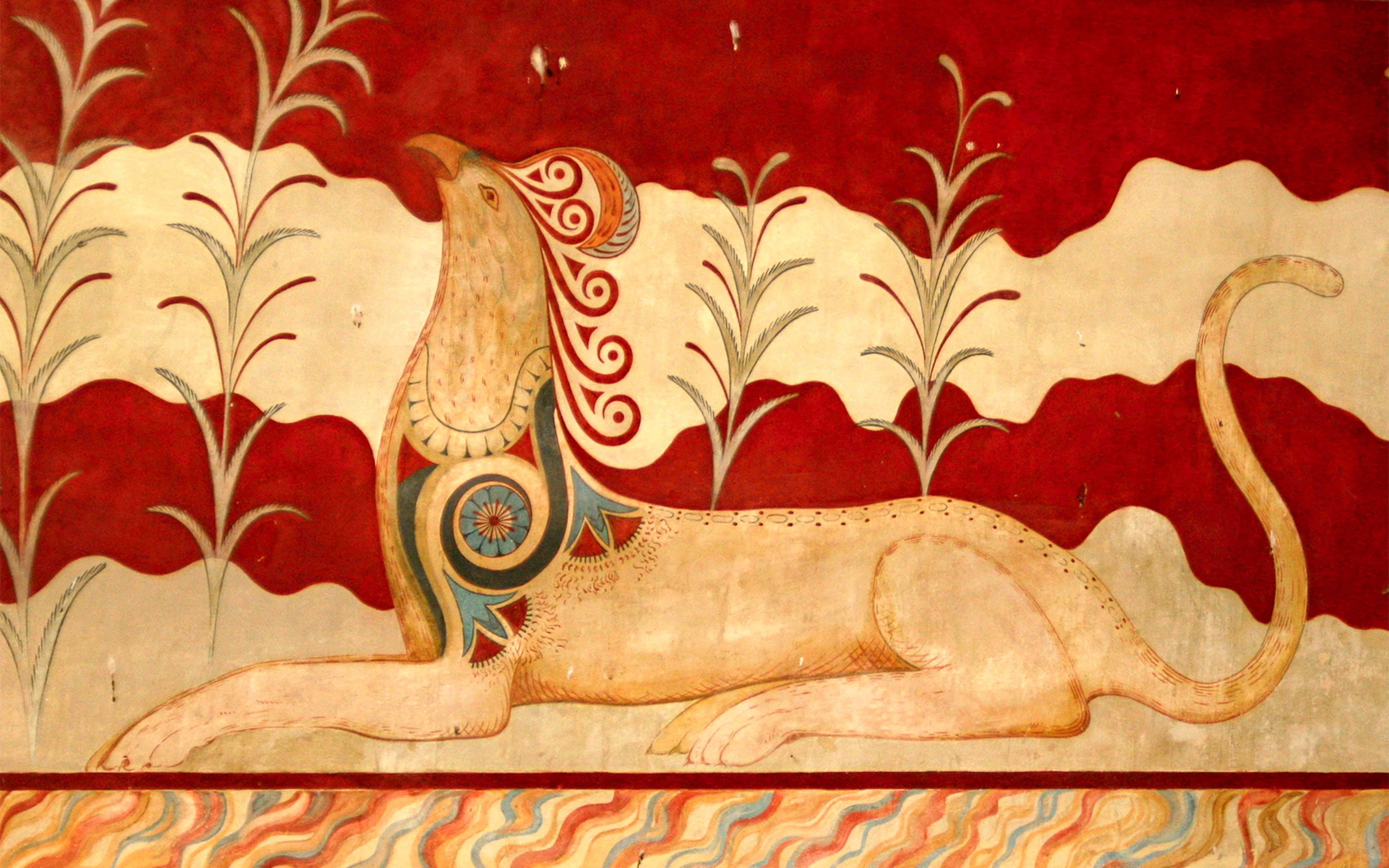 Griffin fresco at Palace of Knossos, Crete, showcasing ancient Minoan art.