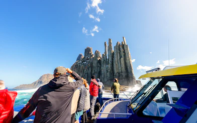 People on a boat viewing Cape Raoul cliffs during a cruise.