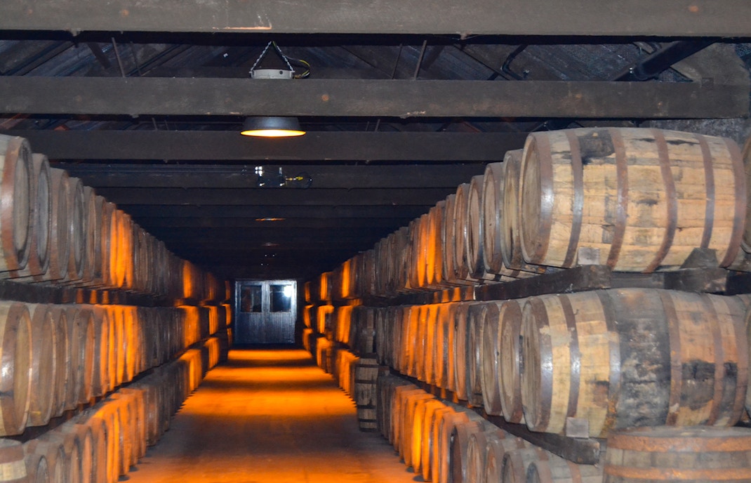 Jameson whiskey barrels aging in a dimly lit distillery in Dublin, Ireland.