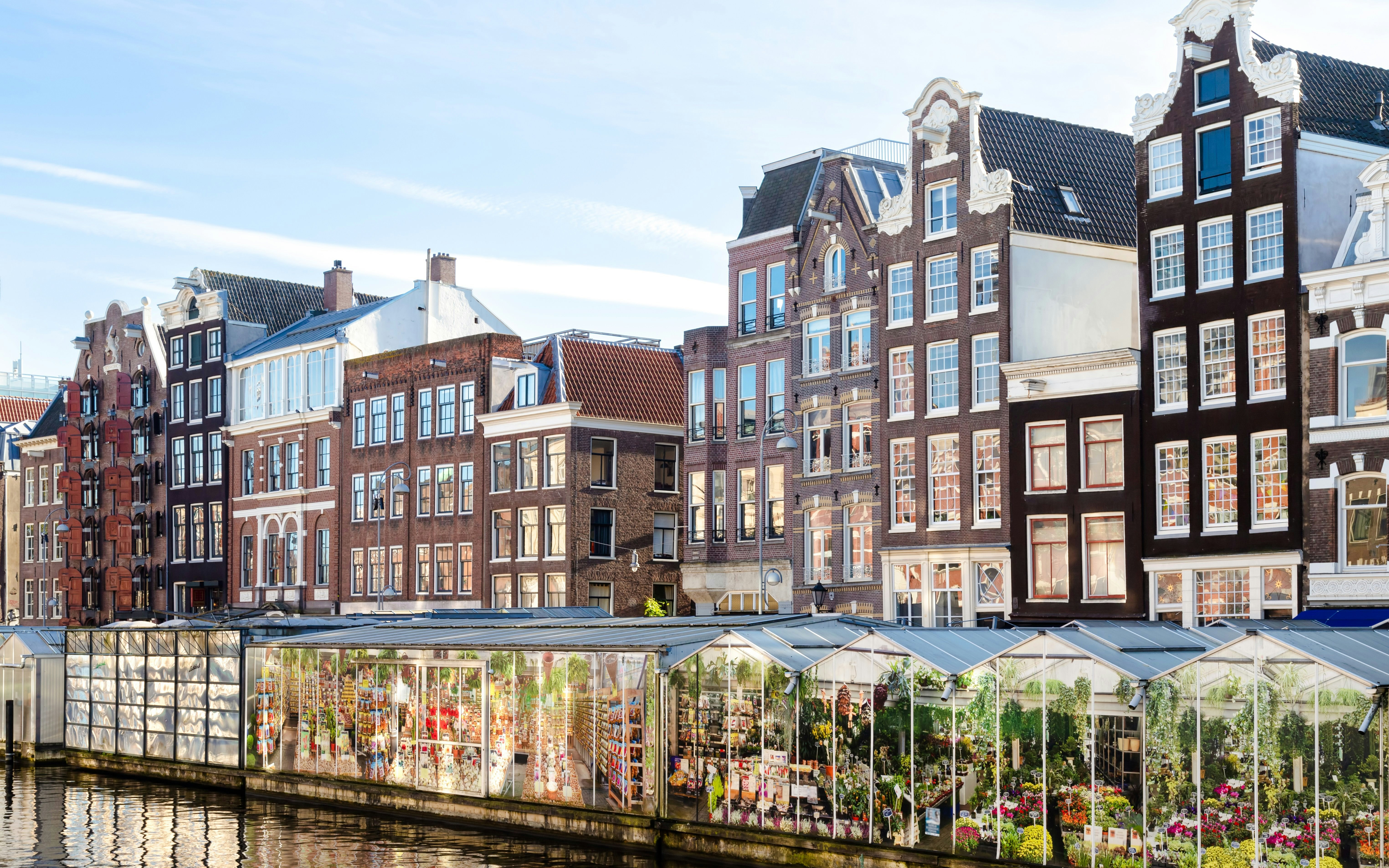Amsterdam floating flower market with colorful blooms and historic canal houses.