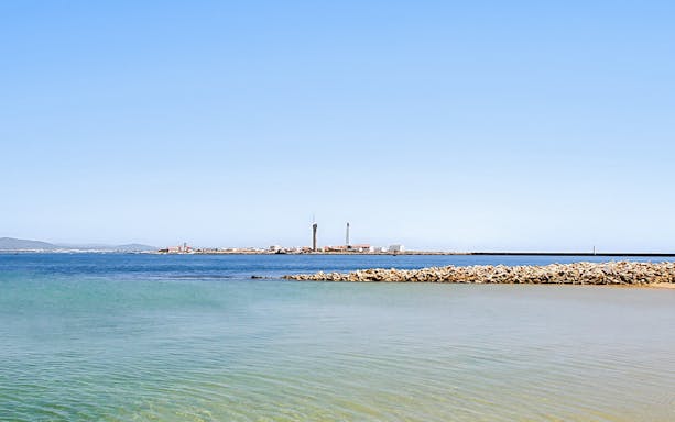 Deserta and Farol Islands view from Ria Formosa boat tour, Algarve, Portugal.