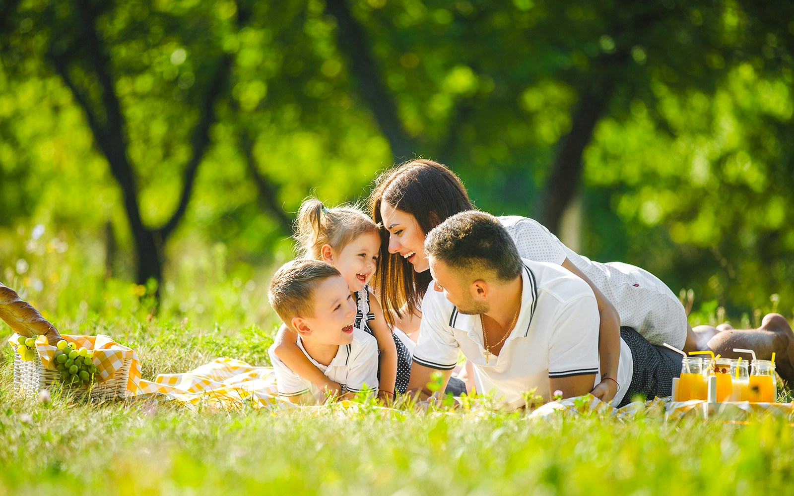 Family enjoying a picnic on grass with food and drinks.